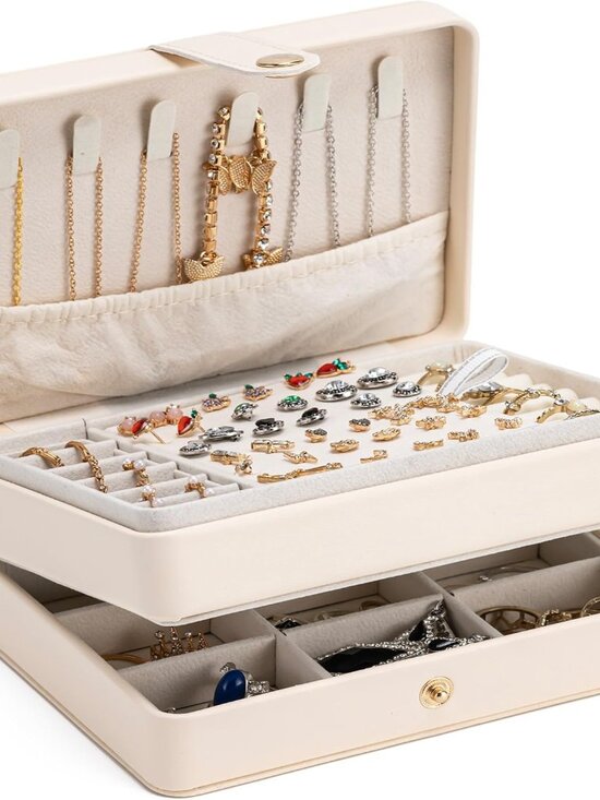 Other - Travel Jewelry Case, 2-Layer Large Jewelry Organizer Box, Beige, PU Leather